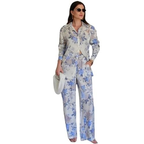 Gufrina Women's Co-Ords Set - Floral Print Shirt with Front Open Button and Wide-Leg Pants, Full Sleeves, Rayon Fabric (Sky Blue S)