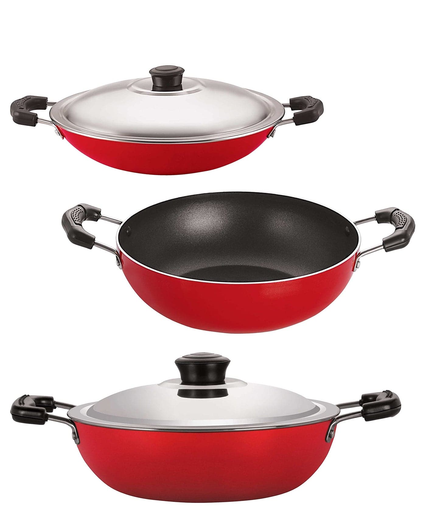 NIRLON 3-Piece Simple Cooking Nonstick Cookware Set - Kadai 1.5 Liter, Deep Kadai with Lid 2.2 Liter, Appa Chatti 22 cm
