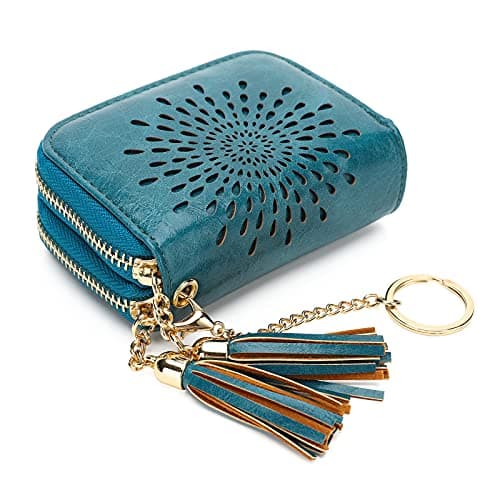 APHISON RFID Credit Card Holder Zipper Card Case Keychain Small Wallet for Women 1942-2 PEACOCK-BLUE