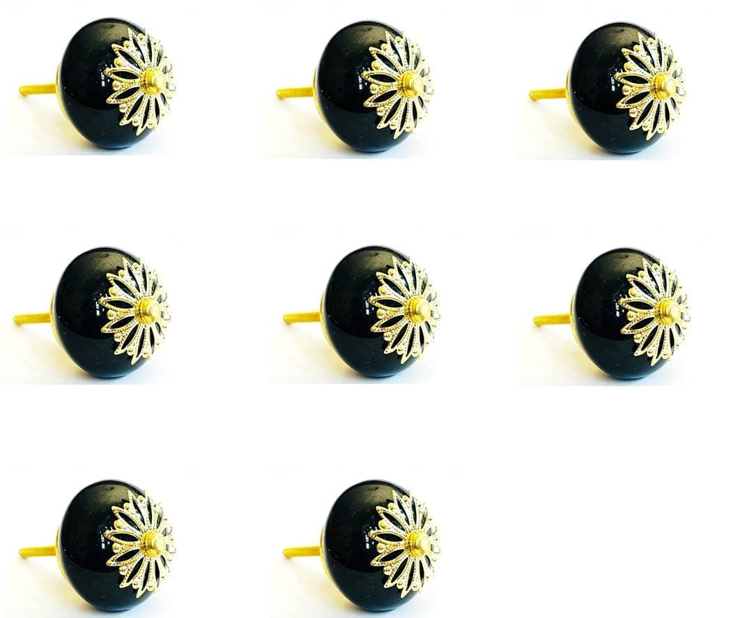 SHRIYAM CRAFTS Classic Ceramic Golden Filigree Knobs for Cabinets Cupboards Drawer Pull Gold Black Round KNOBDS Pack of 8