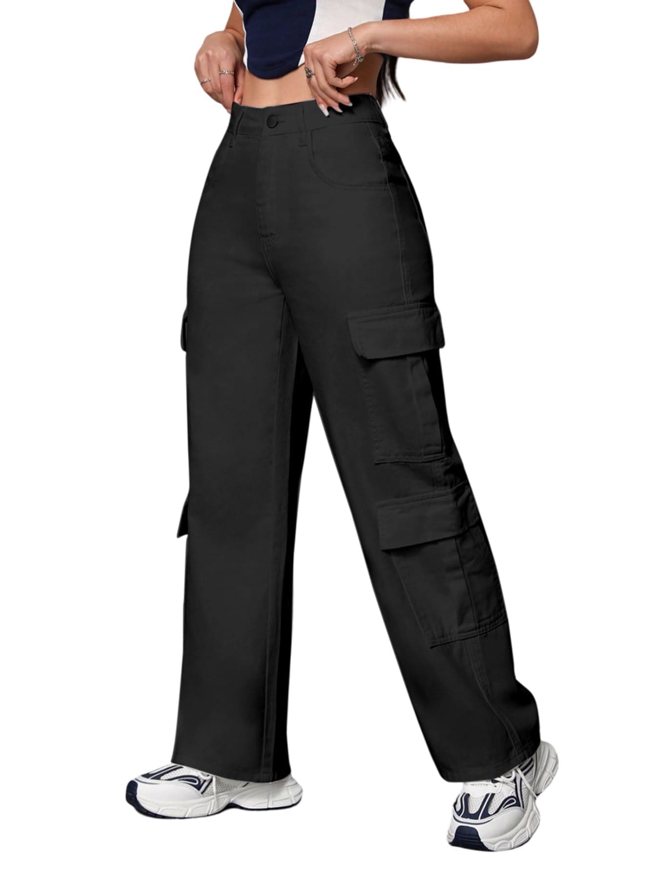 KATECLO Women's Jeans & Pants - High Waist, Baggy, Cargo, Bootcut, Bell Bottom | Cargo beggy Jeans for Women (in, Numeric, 32, Regular, Black)