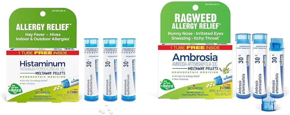 Boiron Homeopathic Allergy Relief Medicine Bundle with Histaminum Hydrochloricum 30C Pack of 3 and Ambrosia 30C Ragweed Allergy Relief 3 Count