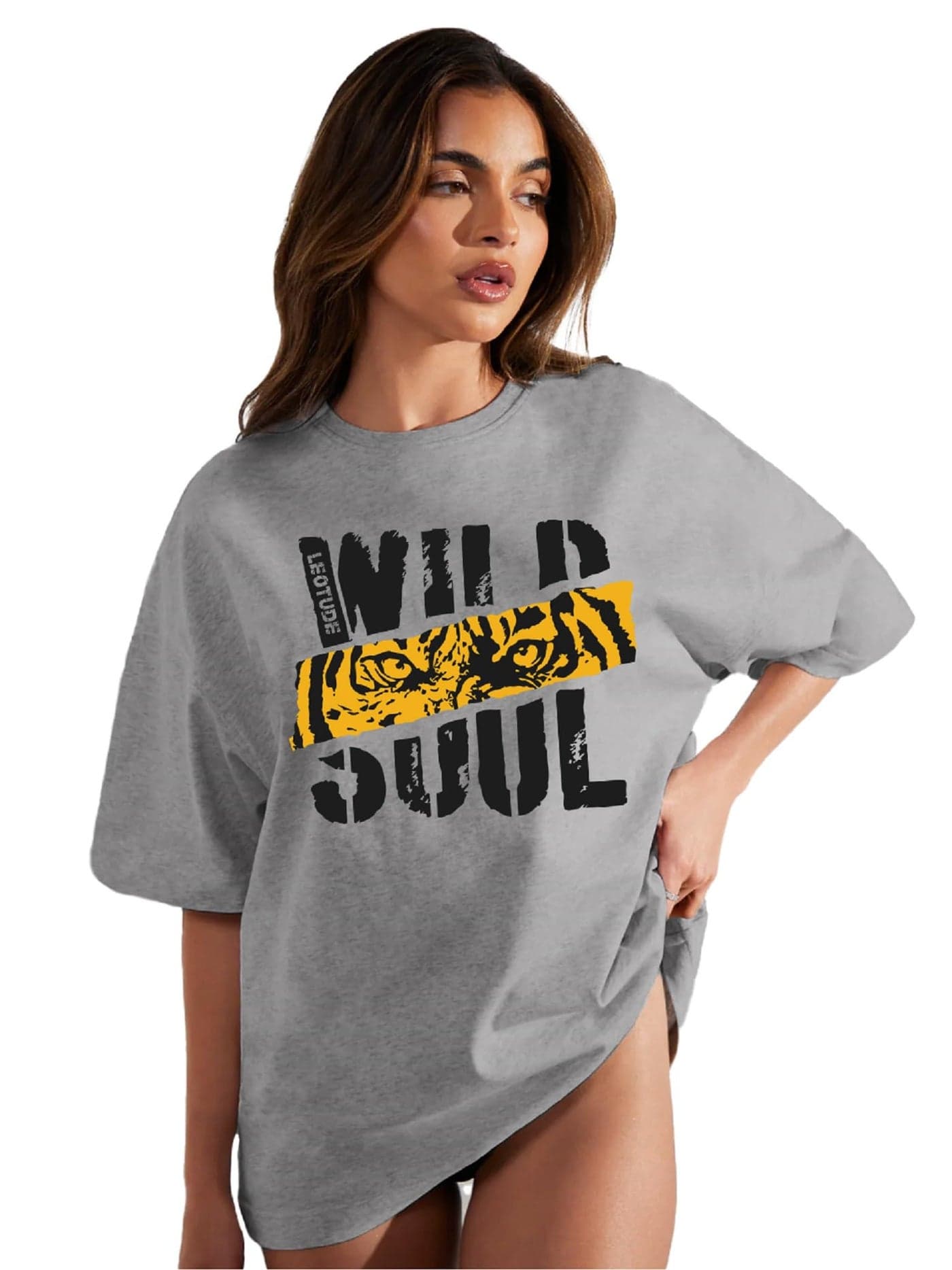LEOTUDE Cotton Blend Oversized Round Neck Women's T-Shirts (FS49_Soul_P_Gray_2XL)