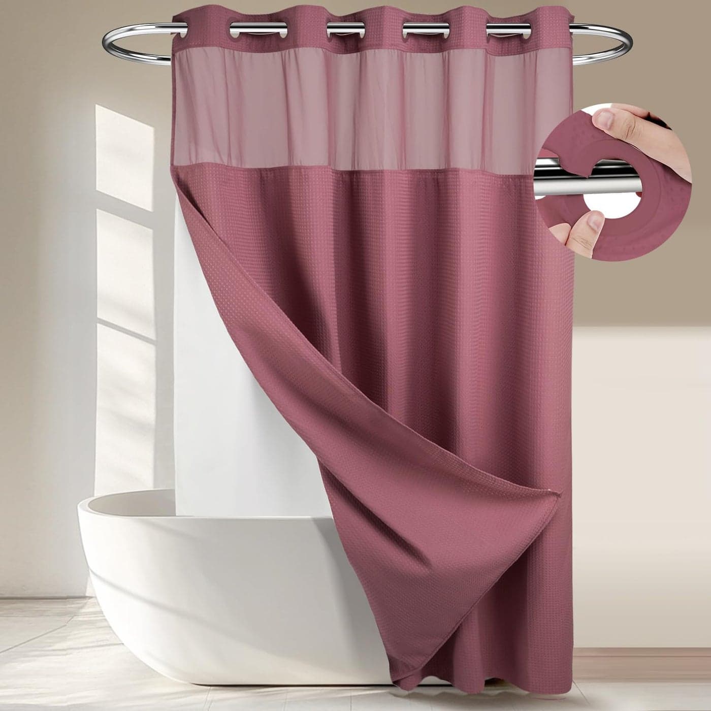 Heavyweight No Hooks Required Dotted Waffle Weave Shower Curtain with Snap in Liner 71W x 74HHotel GradeSpa Like Bath CurtainPale Mauve