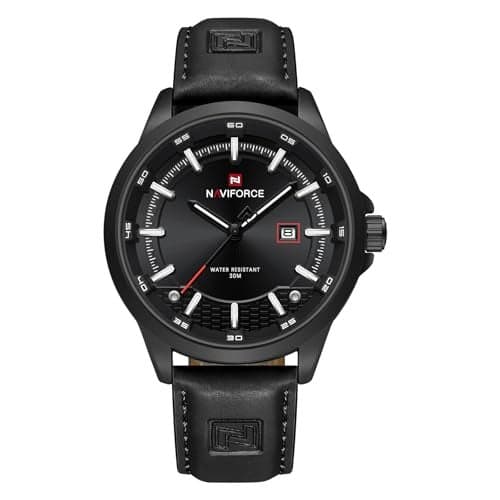 NAVIFORCE Mens Minimalist Waterproof Quartz Leather Strap Watches with Auto Date (Black)