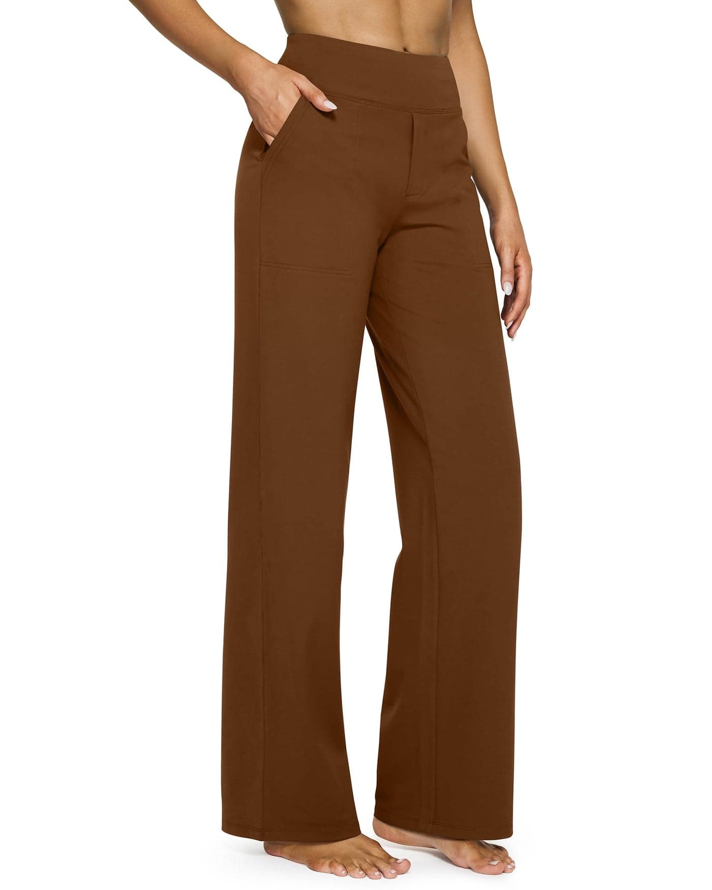 G4Free Women Fashion Wide Leg Trouser Pants Flare Yoga Pants with Pockets Breathable Workout Sports Clothes for Casual Vacation(Dark Coffee,S,31")