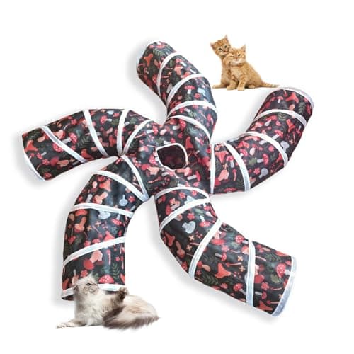 EGETOTA Cat Tunnel for Indoor Cats Large, with Play Ball S-Shape 5 Way Collapsible Interactive Peek Hole Pet Tube Toys, Puppy, Kitty, Kitten, Rabbit (S5 - Mushroom)