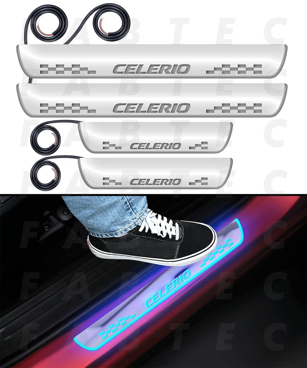 FABTEC Car Door Foot Step Sill Plate with Mirror Finish LED Compatible with Maruti Suzuki Celerio (Set of 4pc,Blue)(6 Month Warranty)