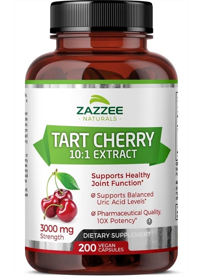 Tart Cherry 10:1 Extract, 3000 mg Strength, 200 Vegan Capsules, 6+ Month Supply, Certified Kosher, Concentrated and Standardized 10X Extract, 100% Vegetarian, All-Natural, Gluten Free, Non-GMO