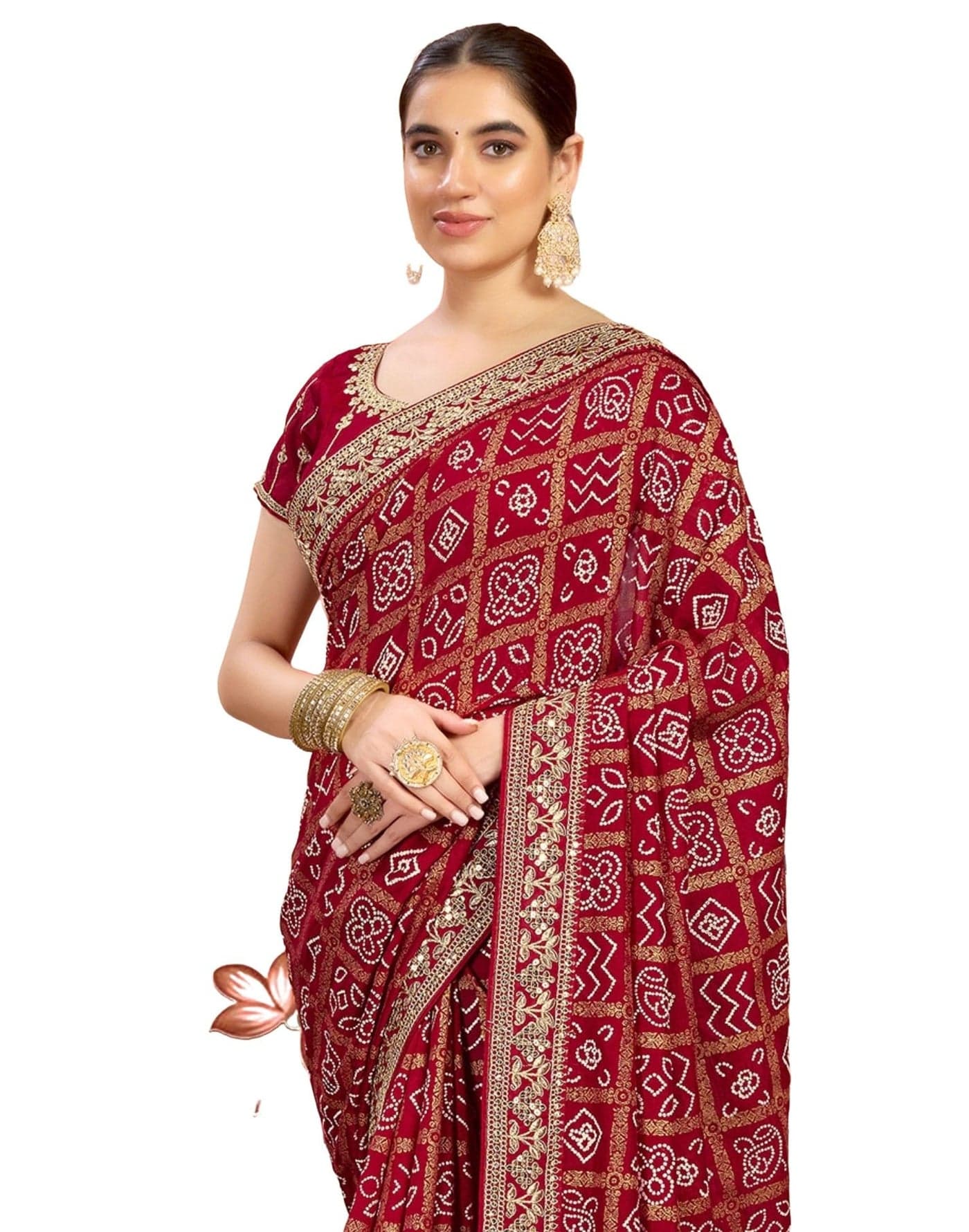 SIRIL Women's Bandhani Printed Georgette Sequence Embroidery Lace Saree With Unstitched Blouse Piece (4114S657A_Dark Red)