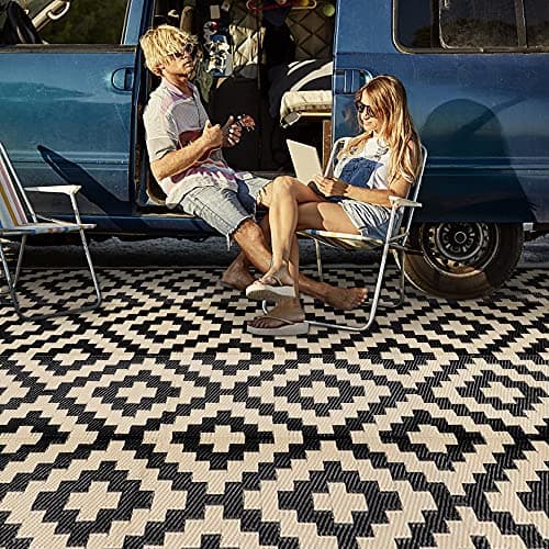 SAND MINE Waterproof Outdoor Rug 9x18 ft Plastic Reversible Rug Modern Area Rug Large Floor Mat for Outdoors RV Patio Backyard Deck Picnic Beach Camping Black Beige