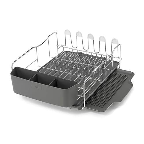 Polder KTH-615 Dish Rack, 4 PC Combo– Advantage System Includes Rack, Drain Tray, Removable Drying Tray & Cutlery Holder – Stainless Steel & Plastic