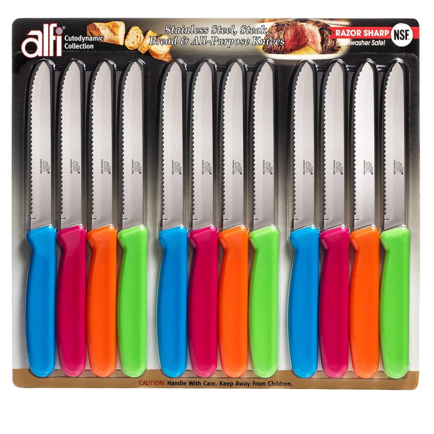 Alfi AllPurpose Knives Aerospace Precision Rounded Tip Home And Kitchen Supplies Serrated Steak Knives Set Made in USA MultiColor 12 Pack