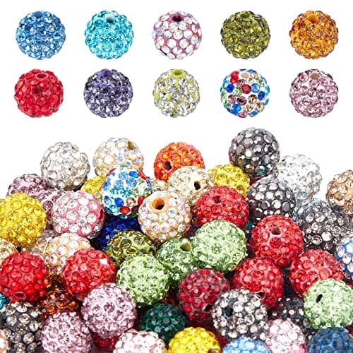 PH PandaHall 100pcs Rhinestones Beads Mixed Color Crystal Beads 10mm Round Pave Disco Ball Bead Polymer Clay Diamond Bead for Summer Beadable Pen Keychain Bracelet Necklace Earring Jewelry Making