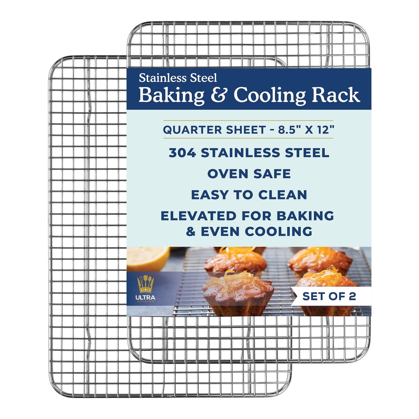 OvenSafe DishwasherSafe 100 Stainless Steel Cooling and Baking Rack Set TightWire Bake for Oven Cooking FoodSafe Heavy Duty 85x12inch Set of 2 Small Quarter Sheet Pan Cooling Racks