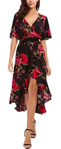 Kormei Womens Short Sleeve Floral Maxi Dress High Low V-Neck Flowy Party Long Dresses S Black&Red