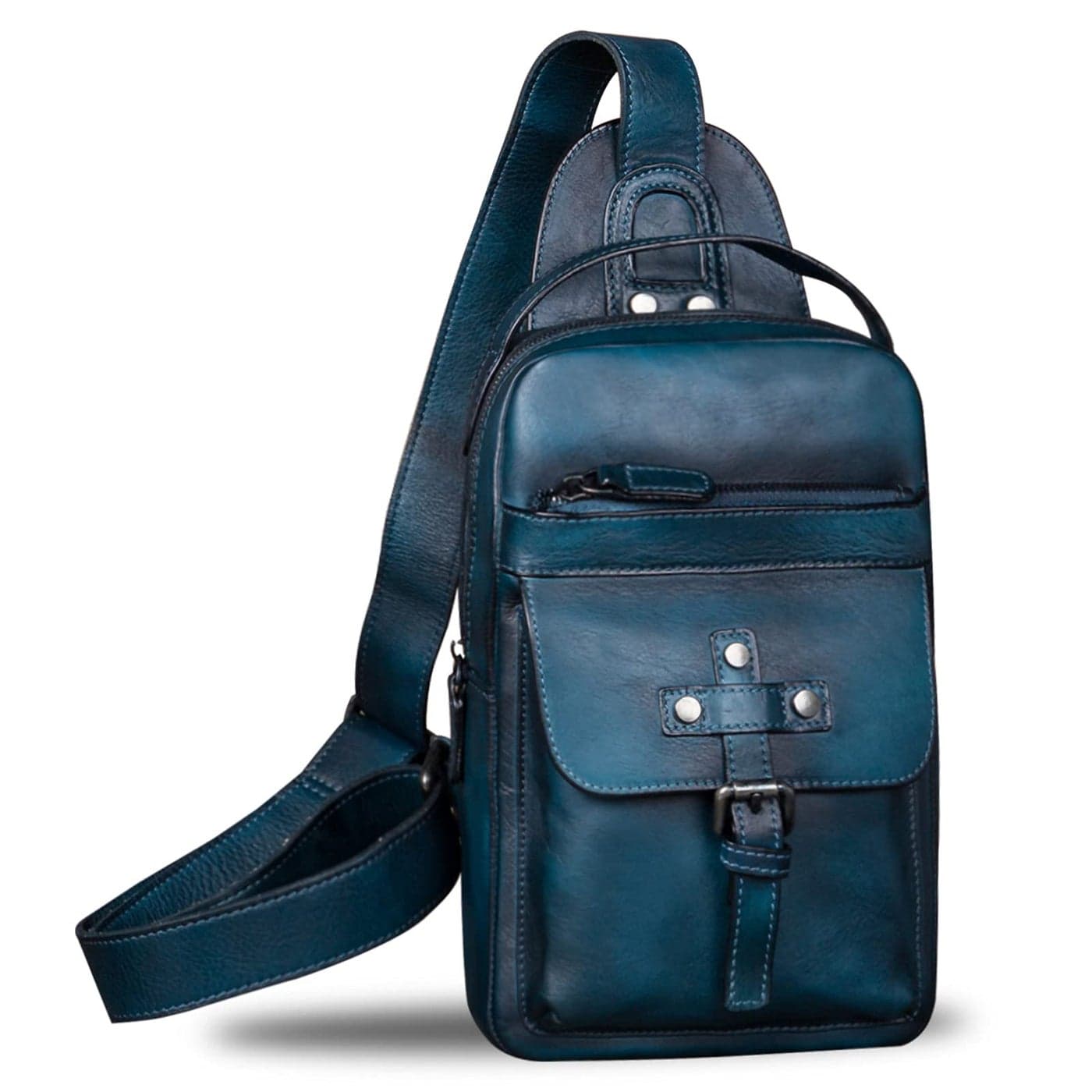 IVTG Genuine Leather Sling Bag Chest Shoulder Fanny Bag Hiking Backpack Vintage Handmade Crossbody Daypack NavyBlue