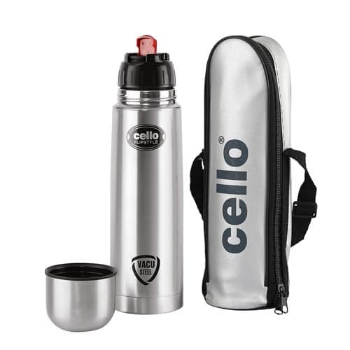 Cello Flipstyle Stainless Steel Vacuum Insulated Flask with Flip Lid | Leak Proof | Double Walled Silver Bottle for Home, Office, Travel (34oz, Silver)