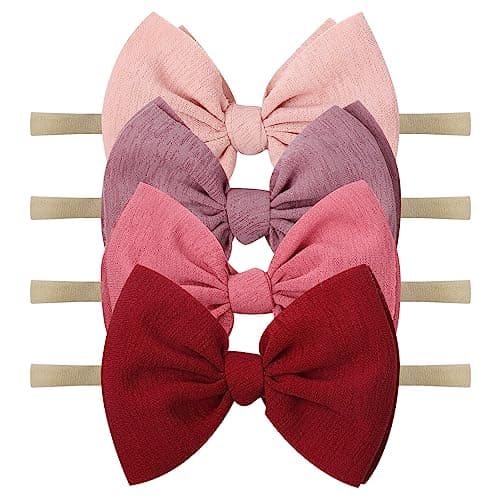 YanJie Baby Girls Nylon Headbands Newborn Bows Handmade Hair Bows Hairbands Hair Accessories for Newborn Infant Toddlers Kids pinkwine