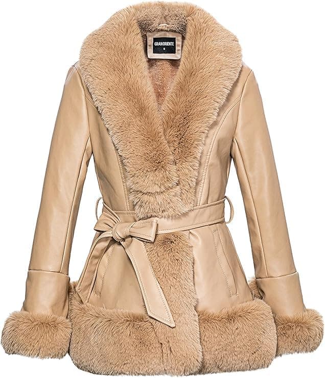 GRAN ORIENTE Faux Leather Jacket for Women with Faux Fur Collar Long Sleeve Fuzzy Parka Overcoat with Warm Trimmed Winter Peplum Coat Belted GK007 Khaki L