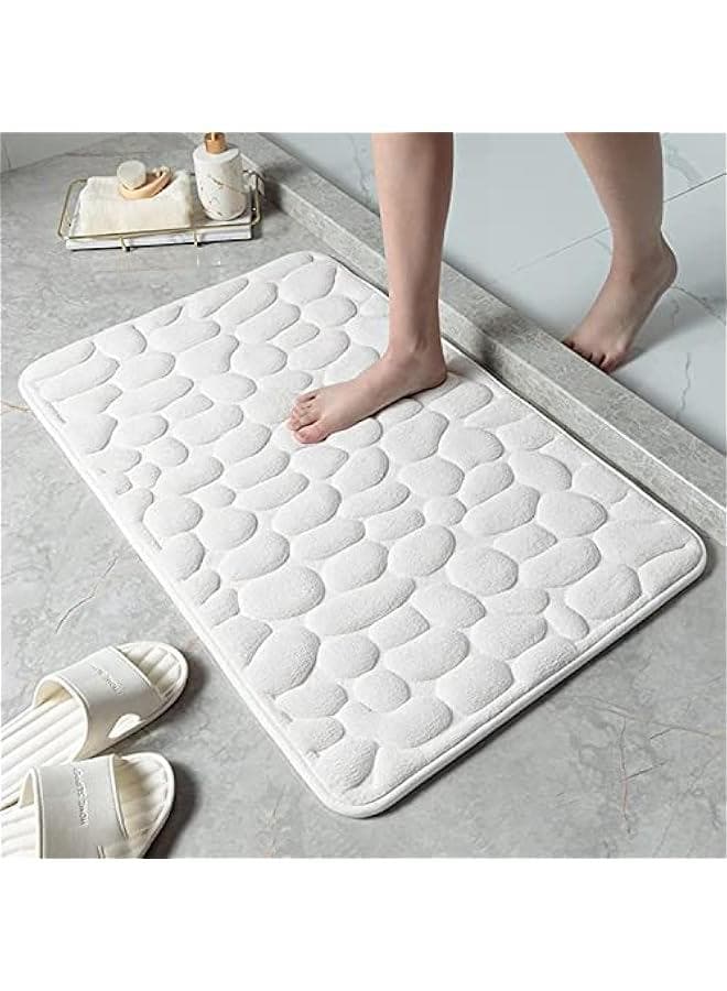 Memory Foam Bath Mat, Cobblestone Embossed Coral Fleece Bathroom Rugs, Rapid Water Absorbent Non Slip Washable Thick Soft Bath Rug for Shower Room (White,43 x 60 cm)