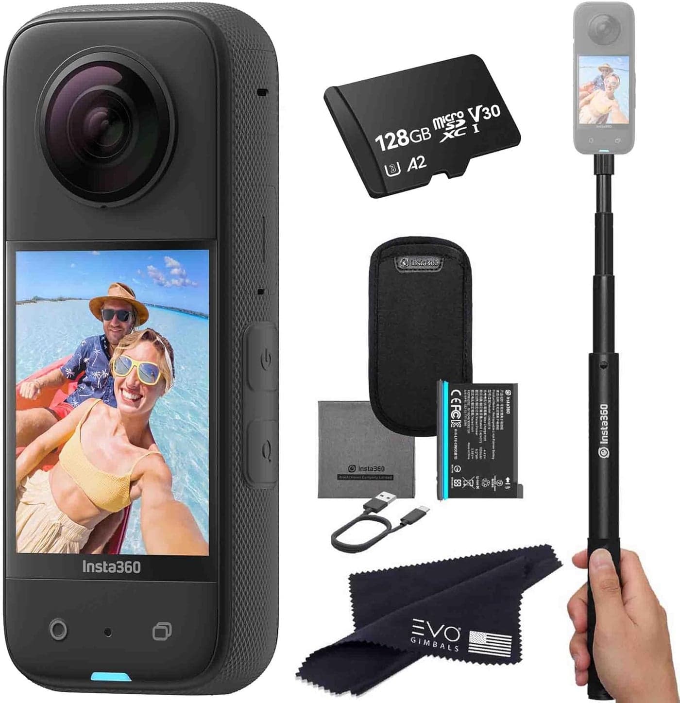 Insta360 X3 Basic Bundle Waterproof 360 Action Camera with 12 48MP Sensors 57K 360 HDR Video 72MP 360 Photo 60fps Me Mode 229 Touchscreen AI Editing Bundle Includes Selfie Stick128GB