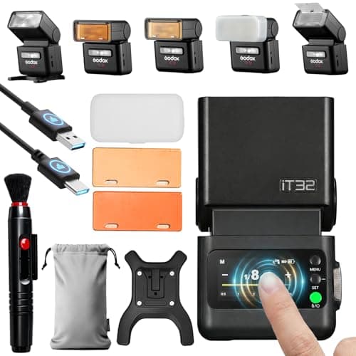 Godox IT32 Camera FlashLCD Touchscreen ControlFlexible Flash HeadBuiltin Reflector and DiffuserLED Modeling LightCompatible with Godox X5 X3 X2T XPro and XPro II Flash Triggers