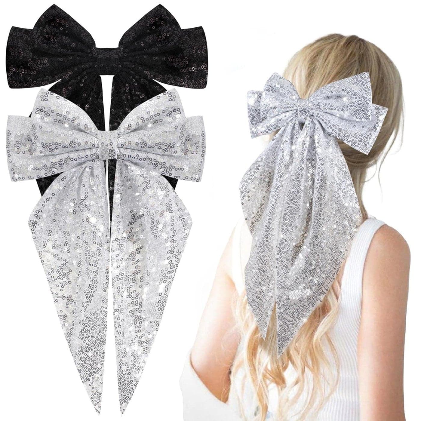 2Pcs Big Glitter Layered Hair Bows for Women Girls 8 Inch Barrette Hair Clip Black Sliver Sparkly Large Long Bows Style Hair Accessories BlackSilver