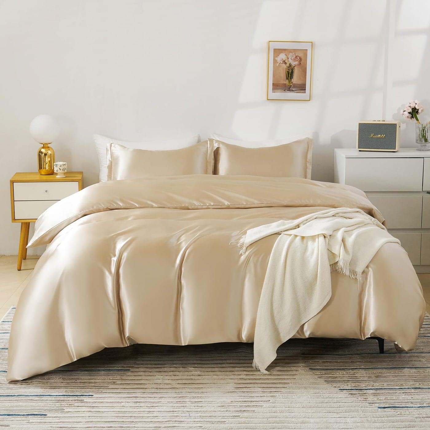 HOdo Home Satin Duvet Cover Queen Size 3PCS Silk Like Comforter Cover Ultra Soft and Breathable Bedding Set with Zipper Closure Corner Ties Beige