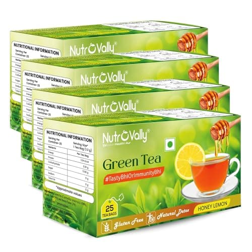 Nutrovally Green Tea |Honey Lemon Flavor| Helps increase Metabolism | Weight Management| lemon tea |Green Tea |25 Tea Bags |Pack of 4 |5X Antioxidants|Honey Lemon tea|Natural and fresh |Tea Bags