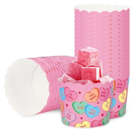 JarThenaAMCS 100Pcs Valentine Paper Baking Cups Conversation Heart Cupcake Wrappers Colorful Scalloped Edge Cupcake Muffin Cases for Valentine Anniversary Dessert Decoration