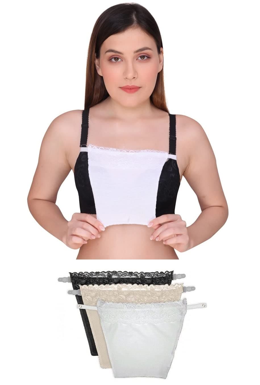 PLUMBURY Women's Cotton Spandex Clip-On Mock Camisole with Lace Camisecret -Set of 3 Black/Beige/White (One Size)