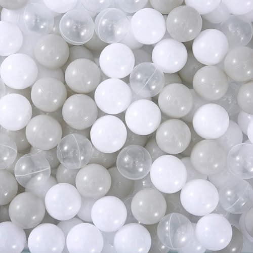 MoonxHome Ball Pit Balls for Toddlers BPA Free Crush Proof Plastic Toy Balls for Ball Pit Childrens Water Toys Ideal Gift for Christmas for Play Tent 215 Pack of 100 White Clear and Light Grey