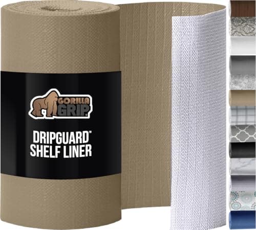 GORILLA GRIP DripGuard Shelf Liner Non Adhesive Drawer and Kitchen Cabinet Protector Slip Resistant BPA Free Smooth Surface Plastic Liners for Cabinets Bathrooms Closets 12x120 Inch Beige