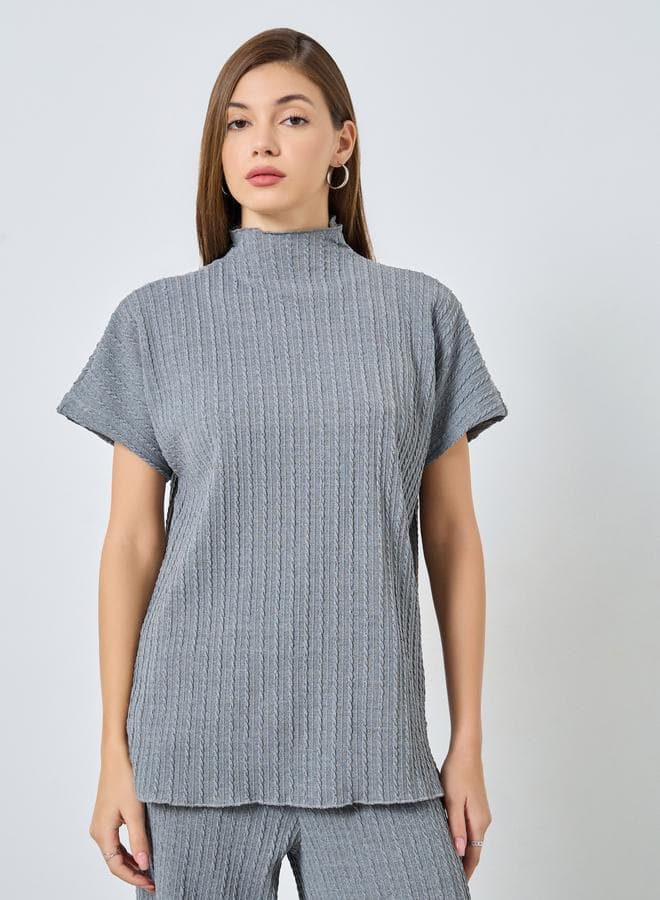 Styli Grey Textured High Neck Top With Side Slit