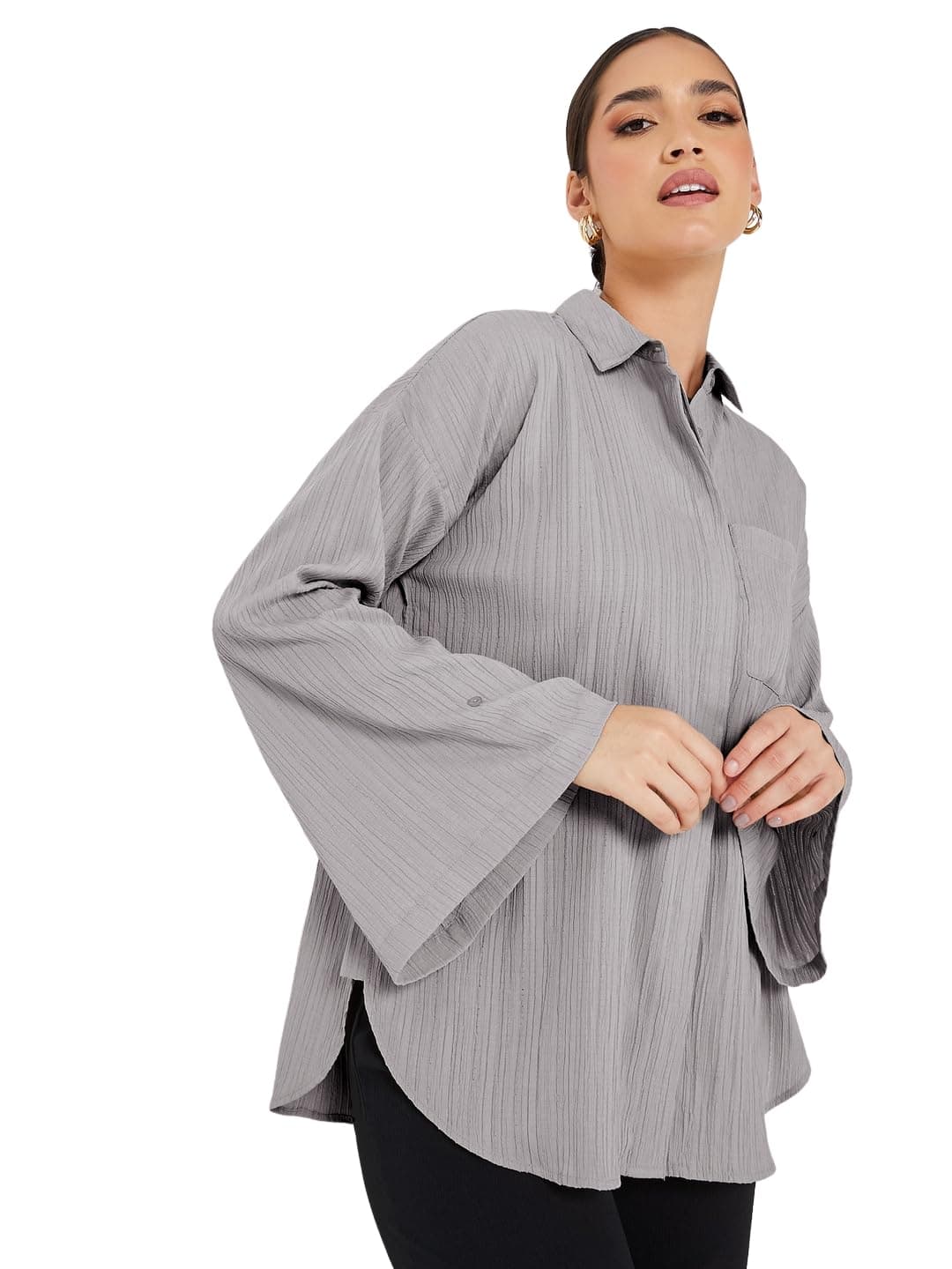 Styli Women Spread Collar Casual Shirt - Solid Opaque Design with Button Placket, Long Sleeves, and Curved Hem, Stylish Everyday Wear Shirts for Women