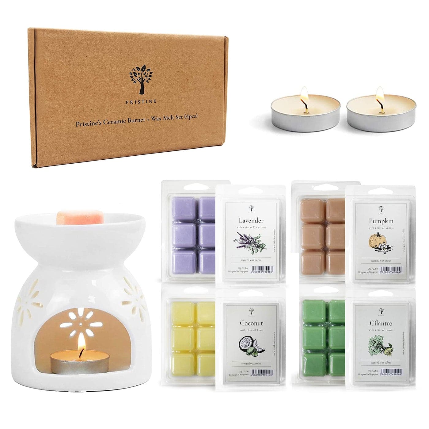 PRISTINE Scented Wax Melts and Candles Set With Tea Light Warmer Top 4 Popular Scentsy Soy Melts Pumpkin Lavender Cilantro Coconut Includes FREE Burner and 2 Tealights