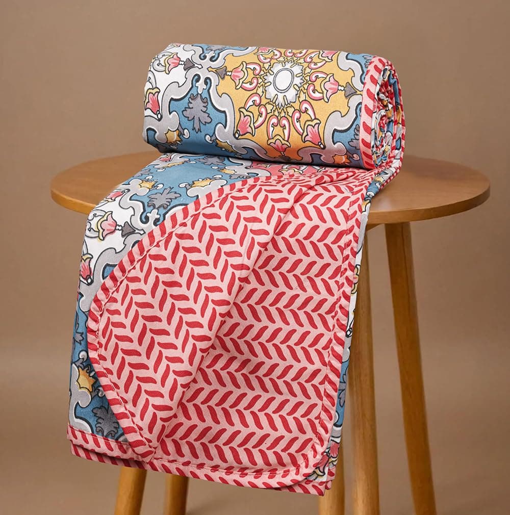 BSB HOME Pure Cotton 120 GSM Reversible Soft Lightweight Printed Double Bed Blanket/AC Dohar/Skin Friendly Dohar-220 x 230 cm - Pink and Blue