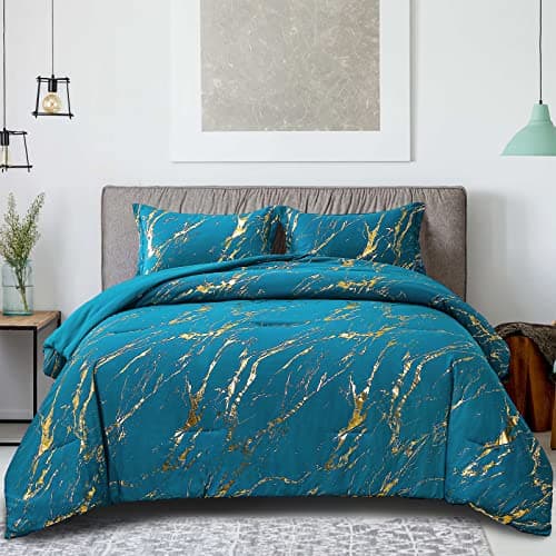 WONGS BEDDING Teal Gold Metallic Marble Comforter Set Queen Foil Print Glitter Bedding Sets with 2 Pillowcases for All Seasons Soft Microfiber Filling Bedding Duvet Set 90x90