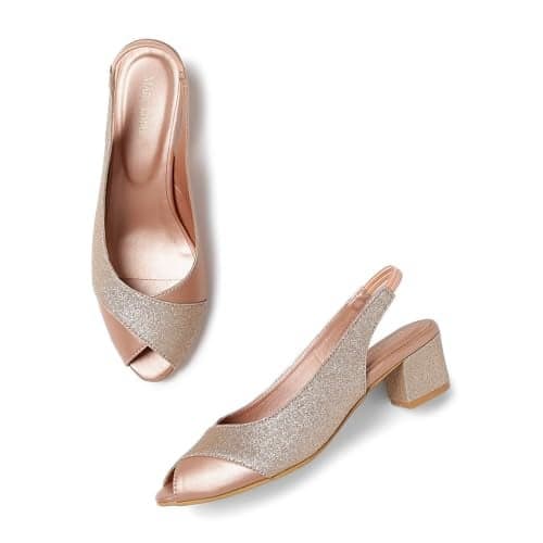 Marc Loire Women's Slip On Shimmer Peep Toes Block Heel Fashion Sandals for Casual & Party (Rose Gold, 3)