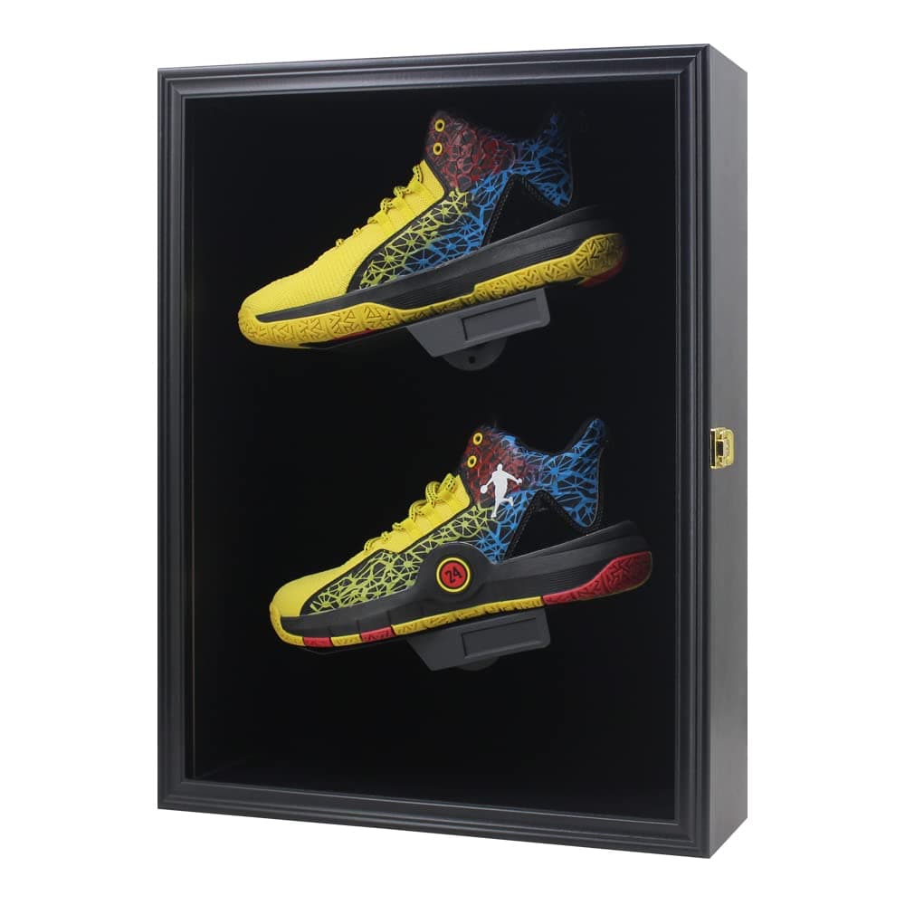 Memorabilia Sports Shoes Display Frame Case Lockable Wall Mount Wooden Cleat Sneaker Cabinet Storage Shelves Box for Football Basketball Sports Shoes Display with AntiFade UV Protection Acrylic Door