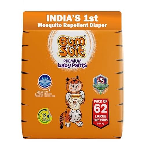 Bumsuit Premium Baby Pants Diapers Large (L), 62 Count | 9–14 kg | Mosquito Protection, 12-Hour Absorbency, Soft Breathable Fabric, Elastic Waistband, Rash-Free Comfort, Stylish Baby Diapers