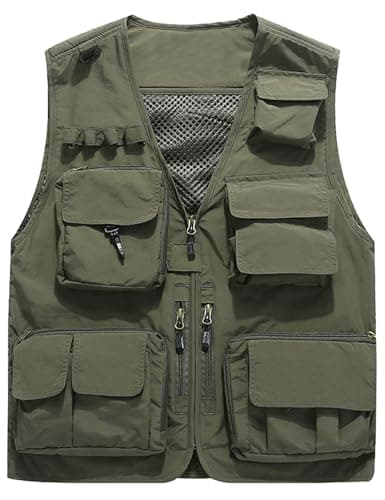 Flygo Men's Casual Lightweight Outdoor Fishing Work Safari Travel Photo Cargo Vest Jacket Multi Pockets(X-Large, Army Green)