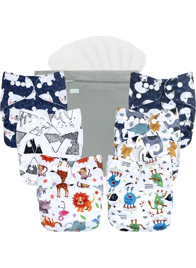 Wegreeco Washable Reusable Baby Cloth Pocket Diapers 6 Pack + 6 Bamboo Inserts (with 1 Wet Bag, Cool Animals)