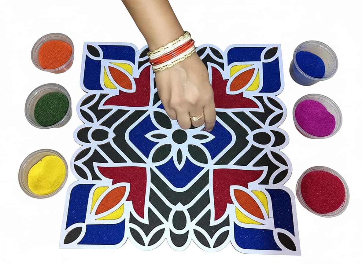 StepsToDo Rangoli Making Frame with Wooden Base. Simply Fill in Blanks Using Colorful Rangoli, Flowers. Traditional Designs with Modern Day Ease of Use. Reusable. Portable. (Design-B 11.5 Inch)
