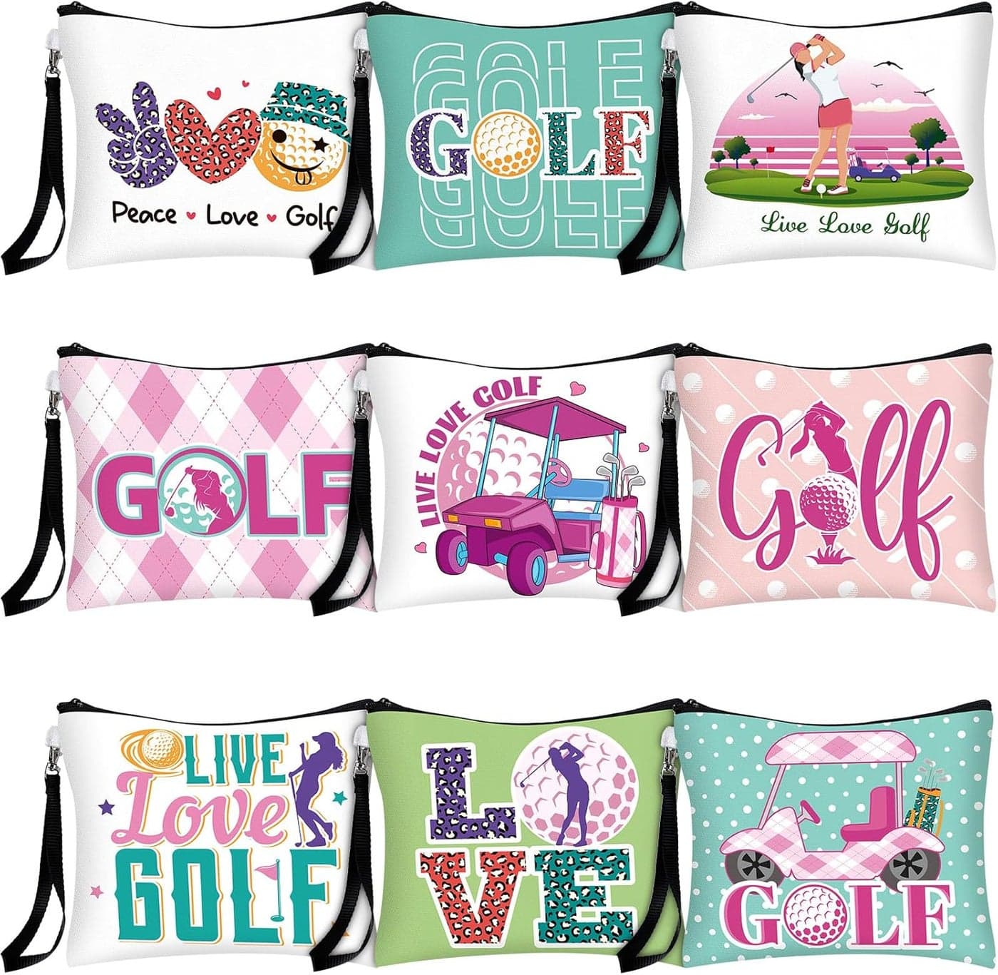 Skylety 9 Pieces Golf Gift Cosmetic Bags Golf Makeup Bag Pouch Cosmetic Toiletry Organizer Case for Golfer Team Ladies(Colorful Style)