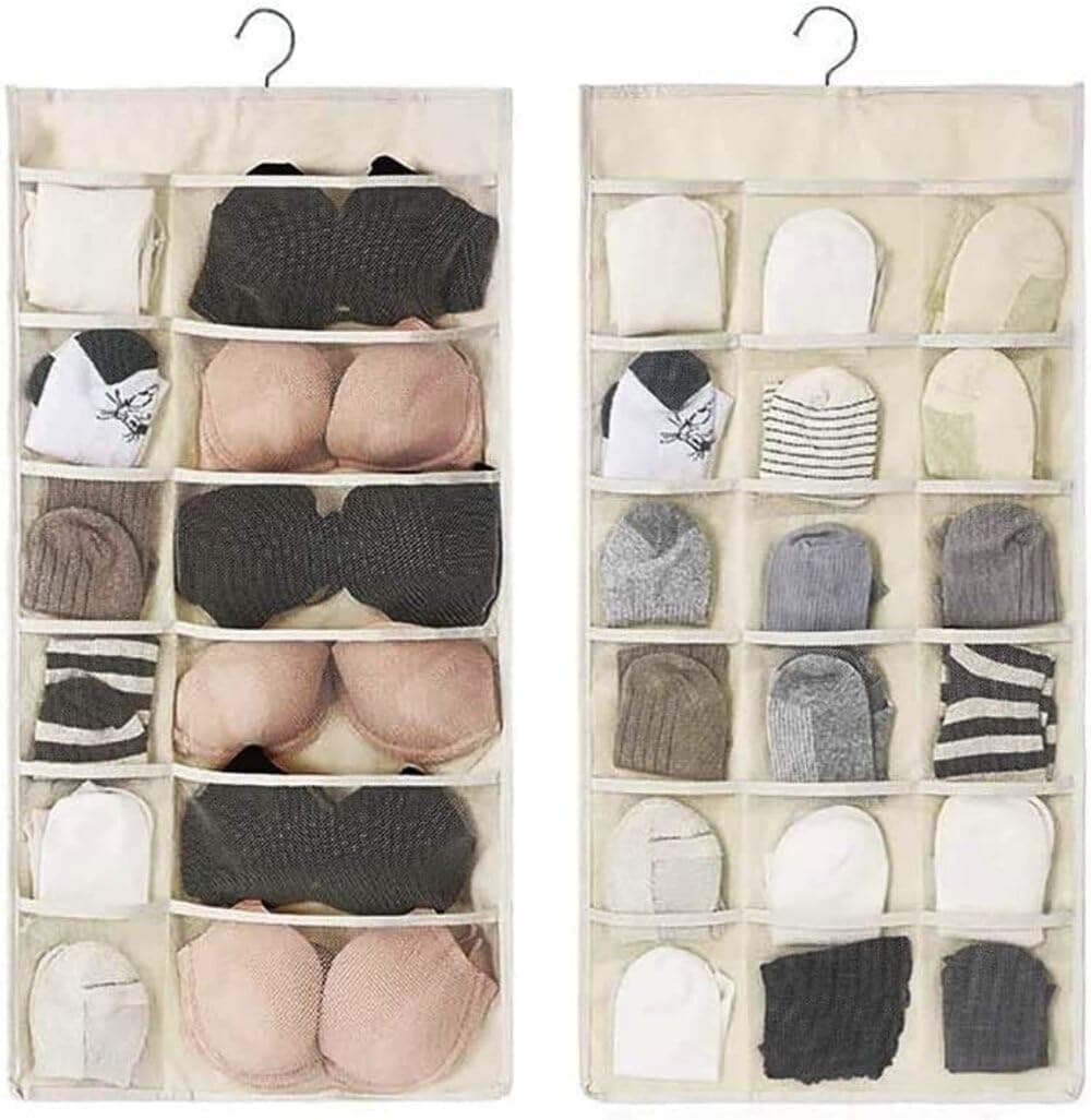 DoubleSided Hanging Organizer 30 Clear Pockets Fabric Storage Bag for Socks Bra Underwear Brass Finish White