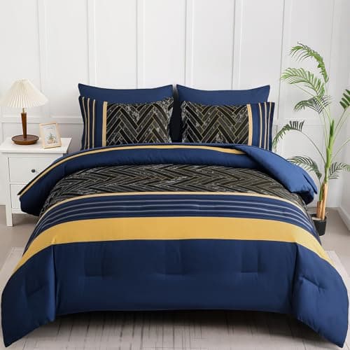 Luxudecor Blue and Yellow Comforter Set Queen Size, 7 Pieces Stripe Geometric Bed in a Bag, Marble Comforter and Sheet Set, Soft Microfiber Complete Bedding Sets for All Seasons