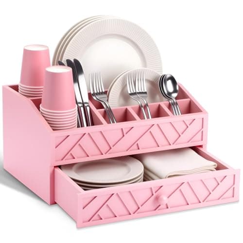 Marsui Paper Plate Dispenser, Paper Plate Holder for Countertop with Drawer Wood Silverware Utensil Caddy, Cutlery Flatware Organizer for Spoon Fork Napkins Kitchen Camping Buffet (Pink)