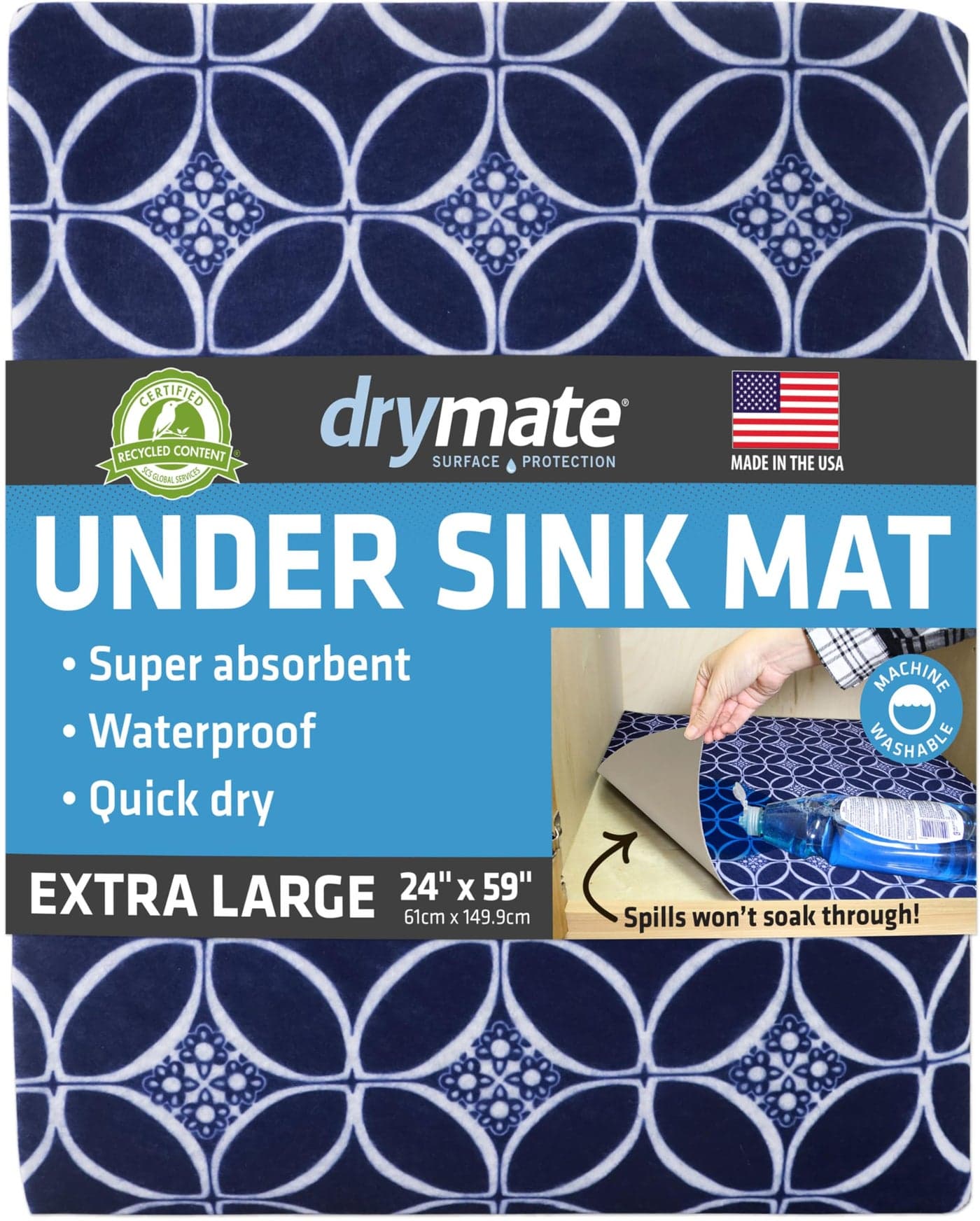 Drymate Premium XL Under Sink Mat Waterproof Cabinet Protection Mats for Kitchen Bathroom Absorbent Shelf Liners SlipResistant NonAdhesive Machine Washable USA Made24x59Indigo